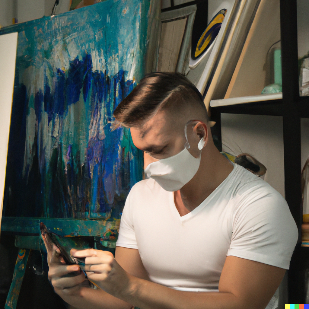 Dall-E: Maak een schilderij met een ondernemer die in 2023 zijn social media accounts controleert