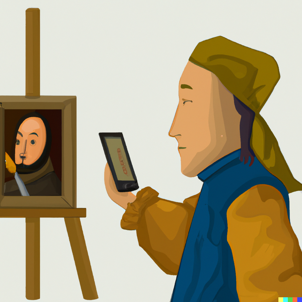 Dall-E: Maak een schilderij met een ondernemer die in 2023 zijn social media accounts controleert, Johannes Vermeer