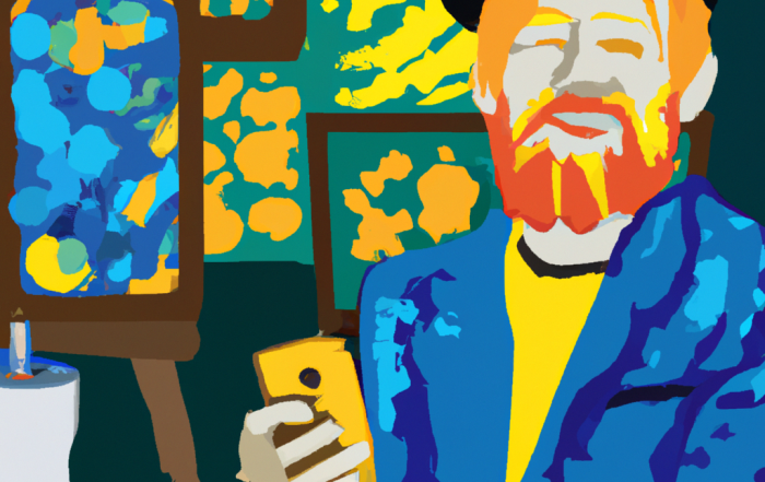 Dall-E: Maak een schilderij met een ondernemer die in 2023 zijn social media accounts controleert, Vincent van Gogh