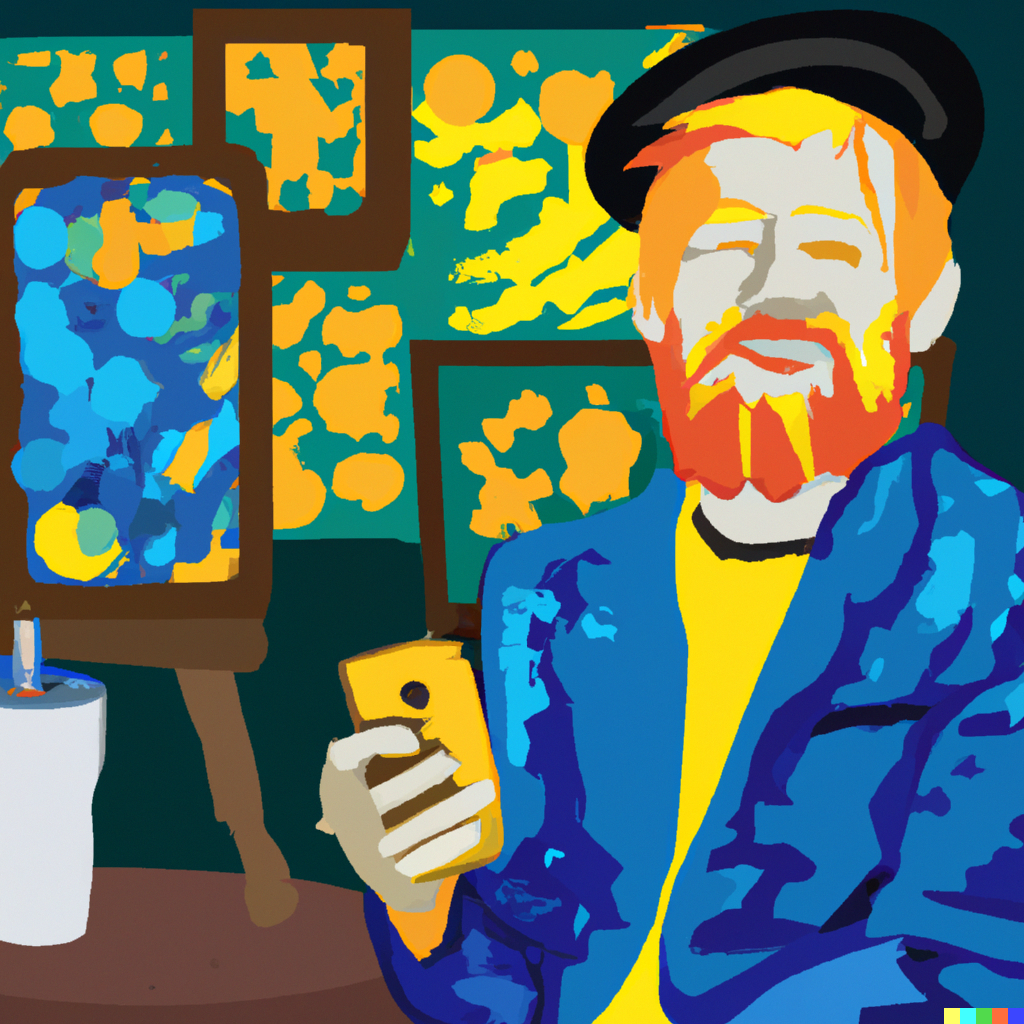 Dall-E: Maak een schilderij met een ondernemer die in 2023 zijn social media accounts controleert, Vincent van Gogh